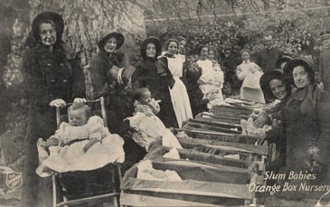 Featured is a postcard image of the Salvation Army's "Orange Box" (as in crate) Nursery ... established to care for "Slum Babies".  The original scarce early 20th century Salvation Army postcard is for sale in The unltd.com Store.